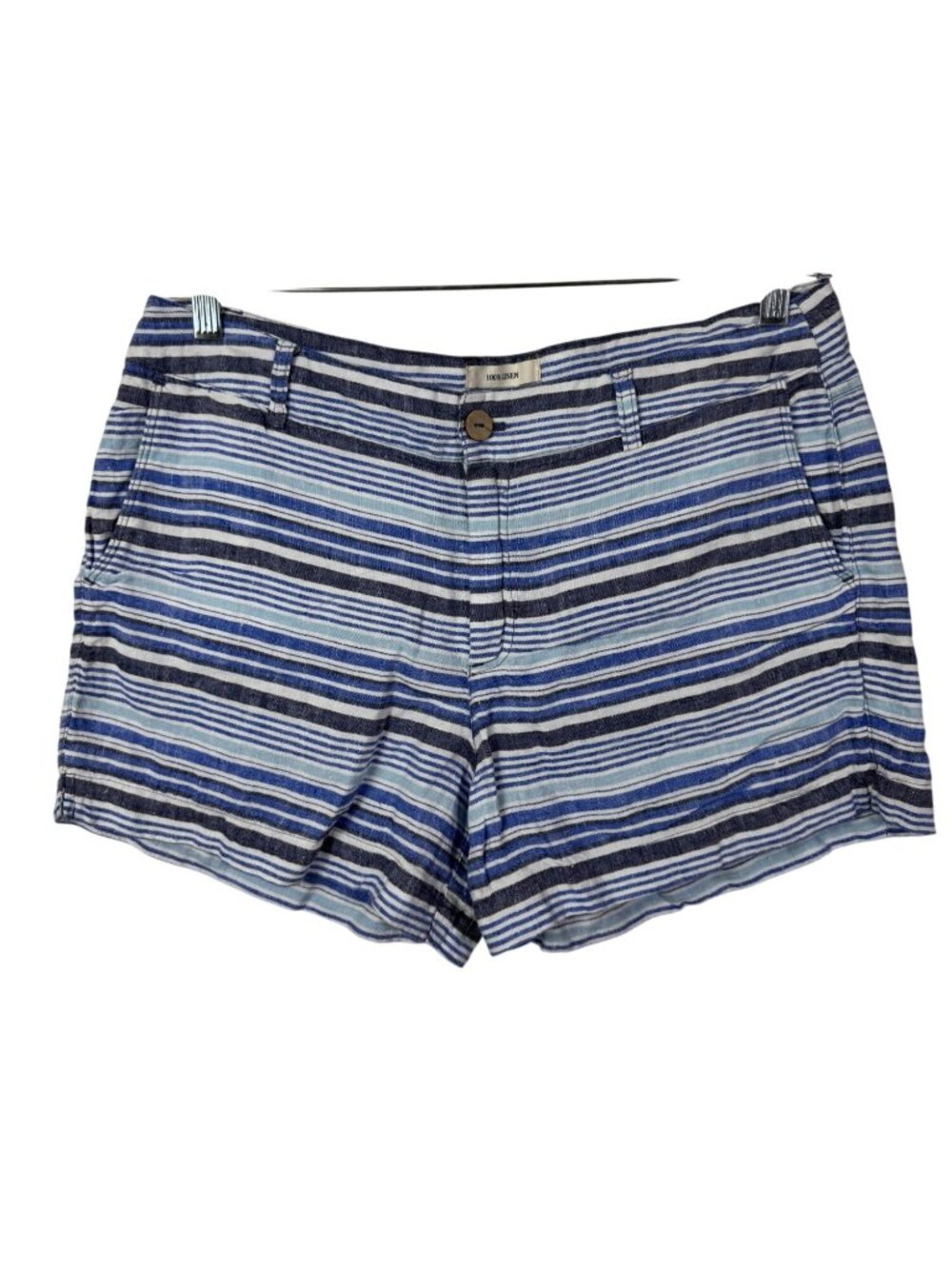 British Khaki Womens 100% Linen Stripe Shorts Size 12 Blue White Beach Coastal
